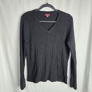 Merona Cable Knit V Neck Sweater Womens XXL Black Preppy Academia School Girl